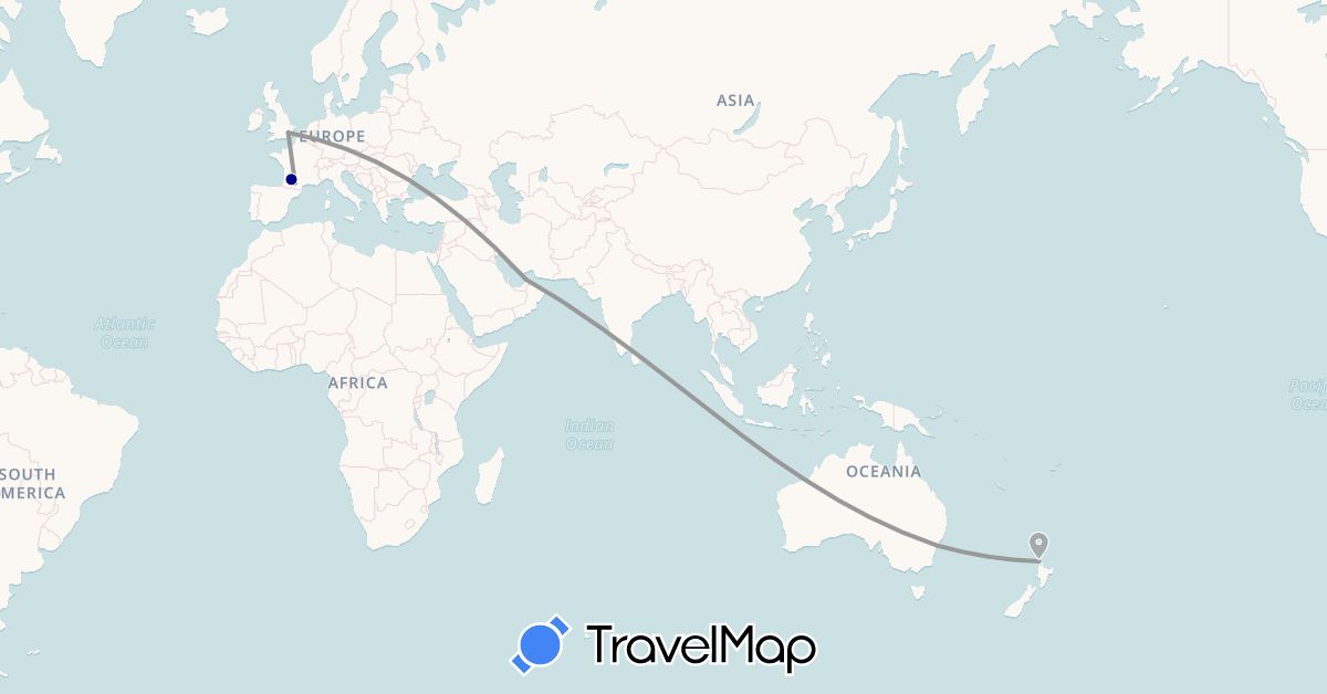 TravelMap itinerary: driving, plane in United Arab Emirates, Australia, France, United Kingdom, New Zealand (Asia, Europe, Oceania)
